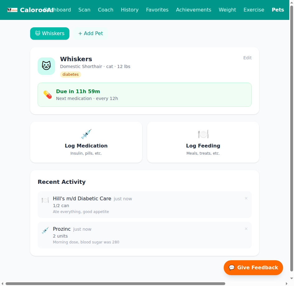 Diabetic pet insulin and feeding schedule tracker — full daily view