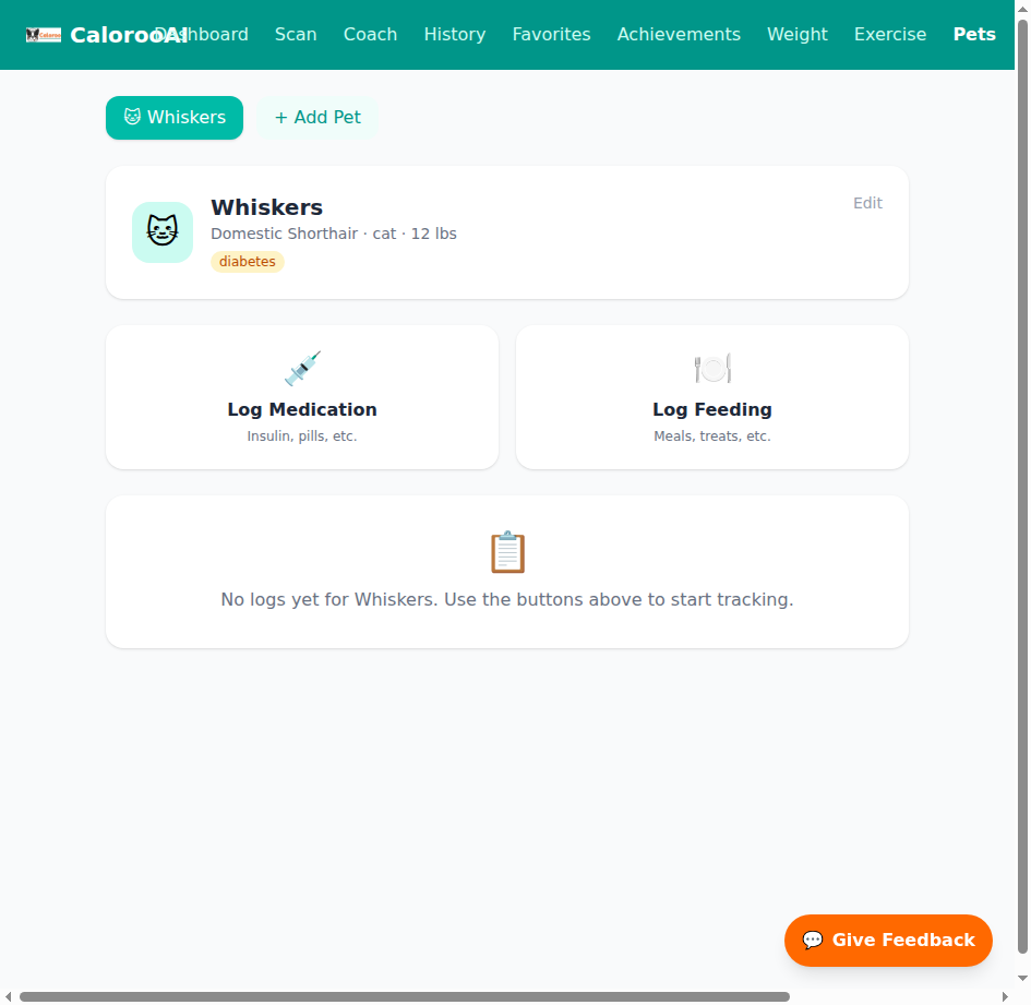 Pet profile screen in the insulin tracking app